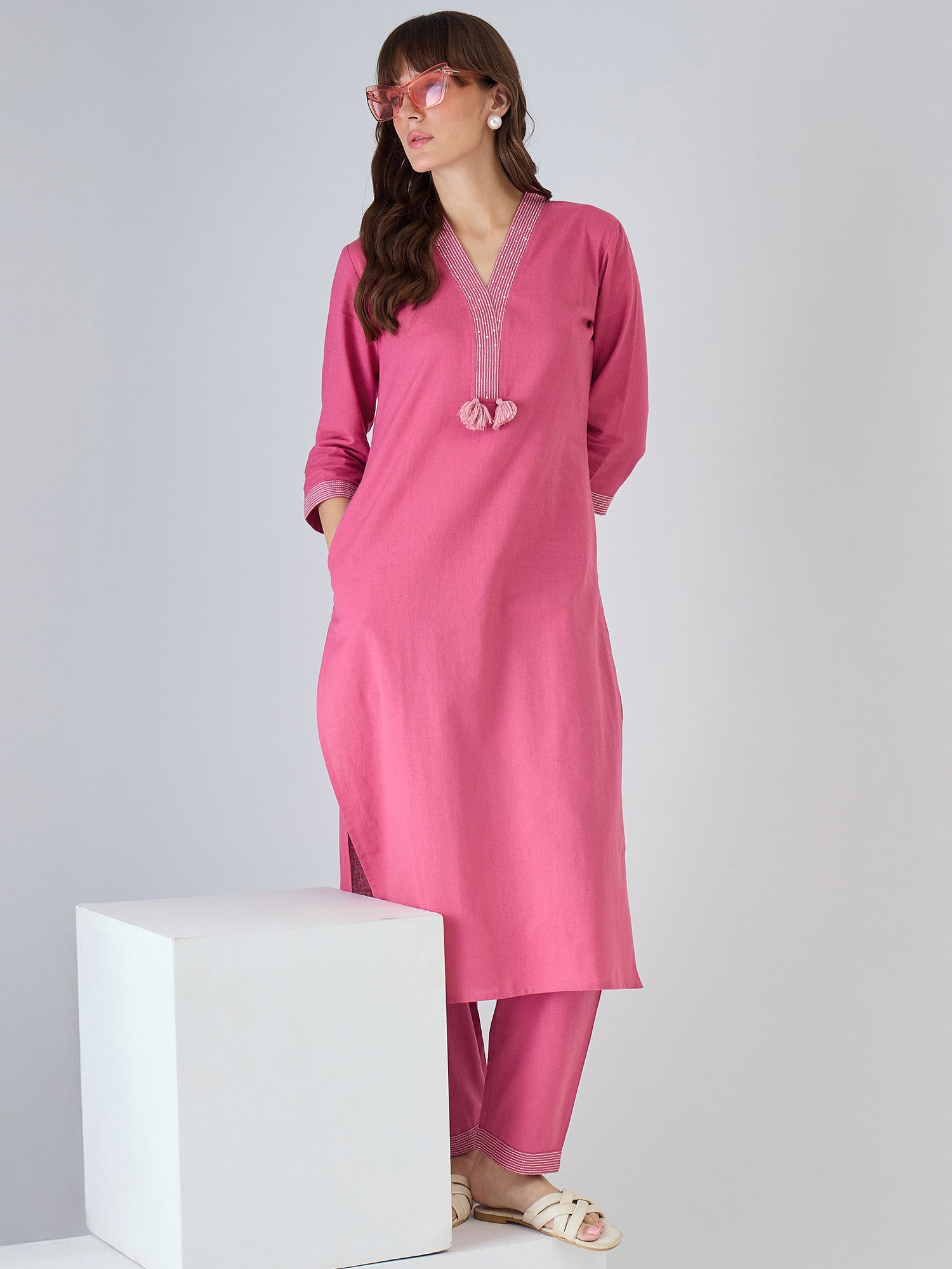 Indo Era Pink Solid Straight Kurta Trousers set