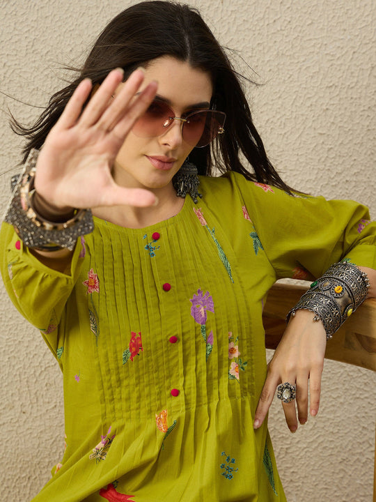 Indo Era Green Printed A-Line Kurta Trouser set