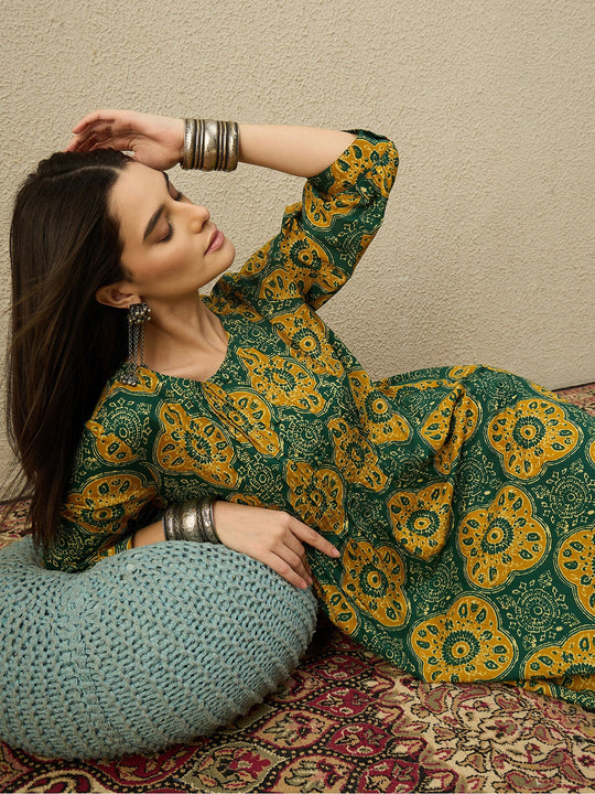 Indo Era Green Printed A-Line Kurta Trouser set