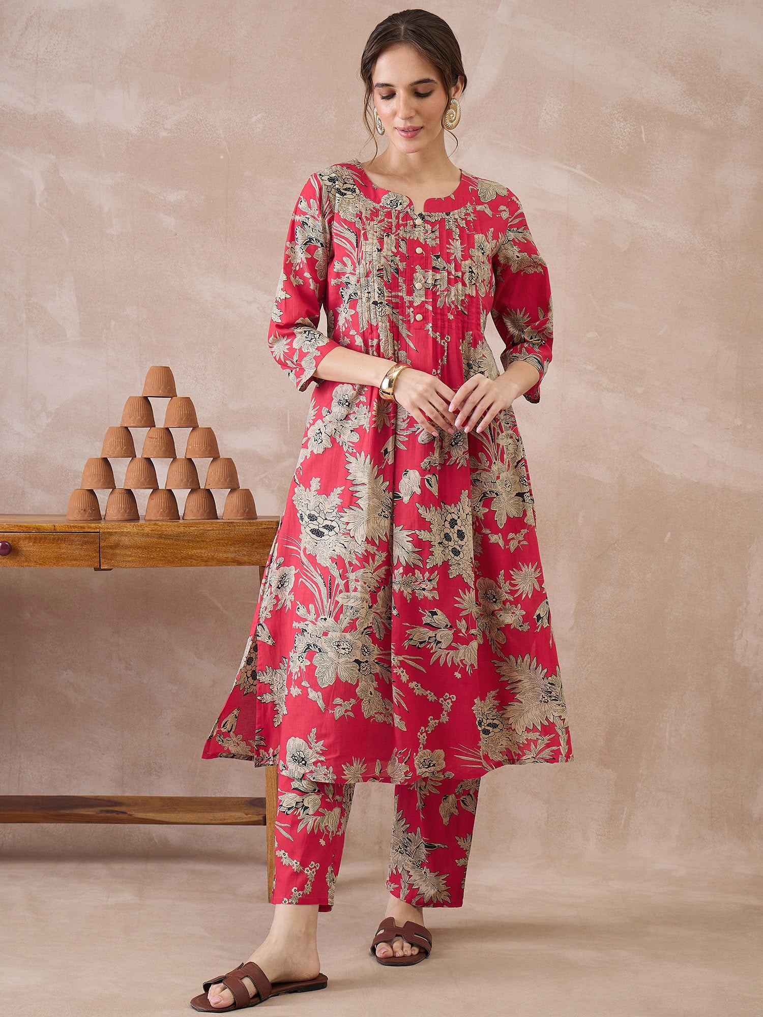 Indo Era Red Printed A-Line Kurta Trousers set
