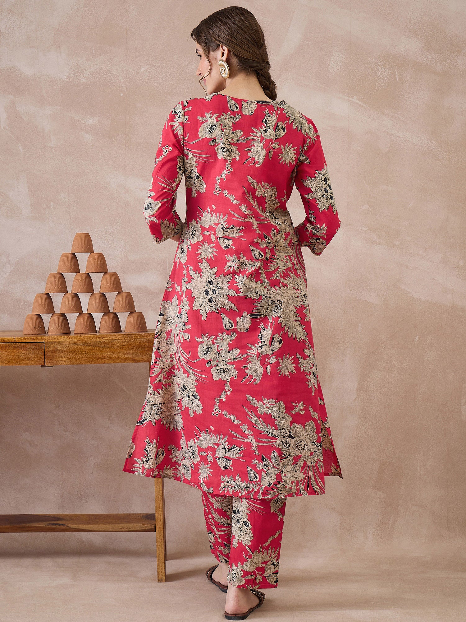 Indo Era Red Printed A-Line Kurta Trousers set