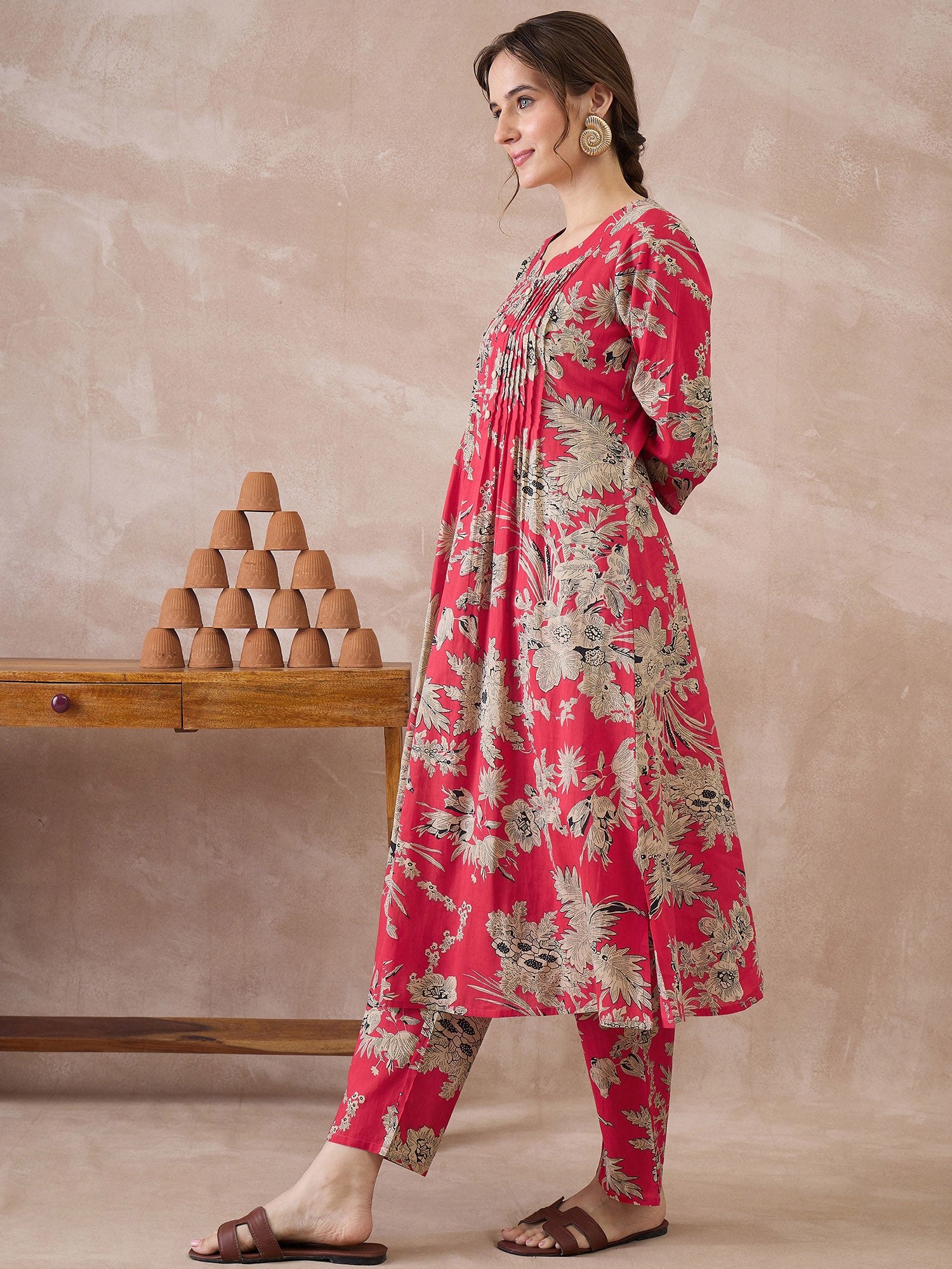Indo Era Red Printed A-Line Kurta Trousers set