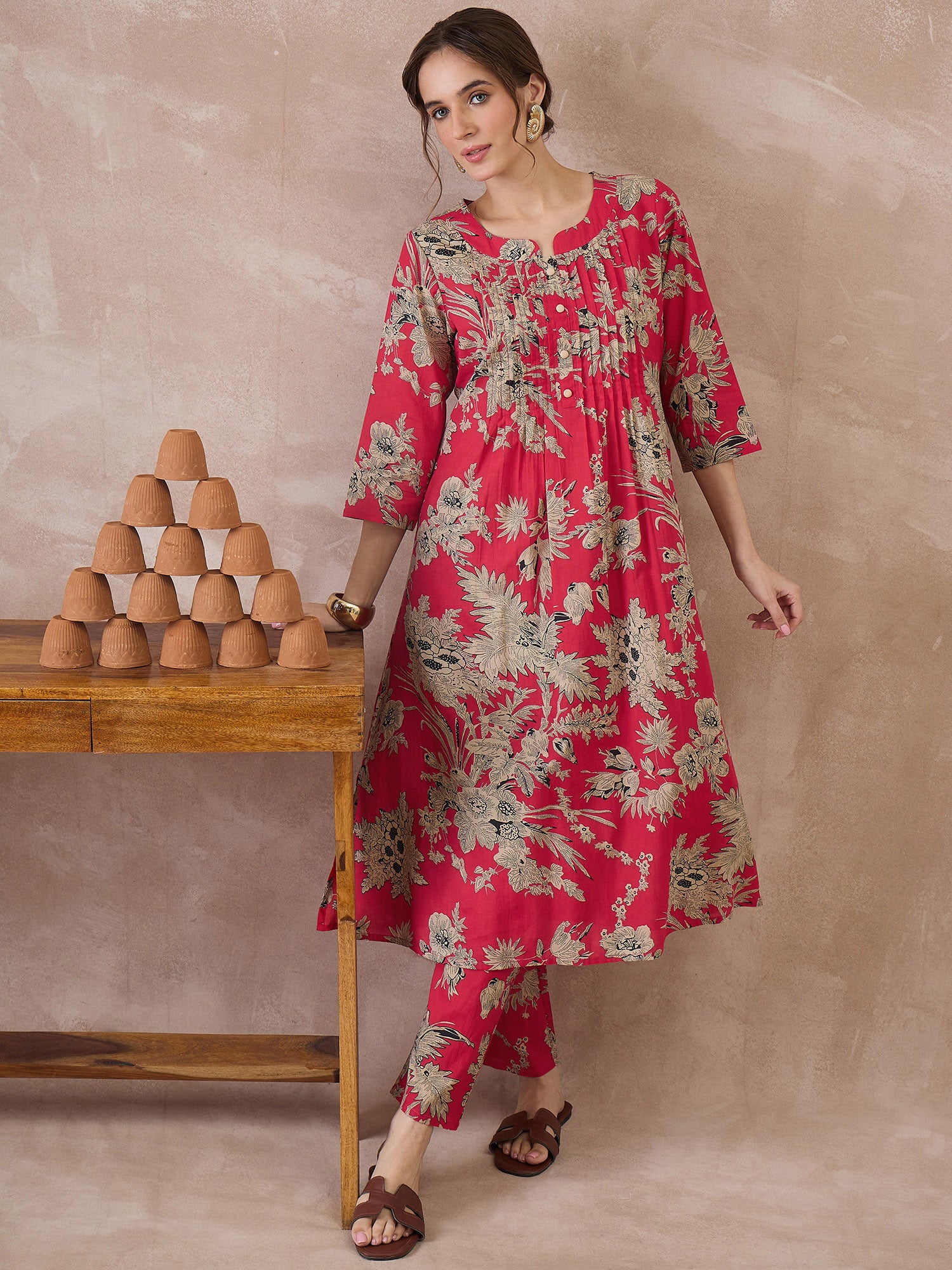 Indo Era Red Printed A-Line Kurta Trousers set