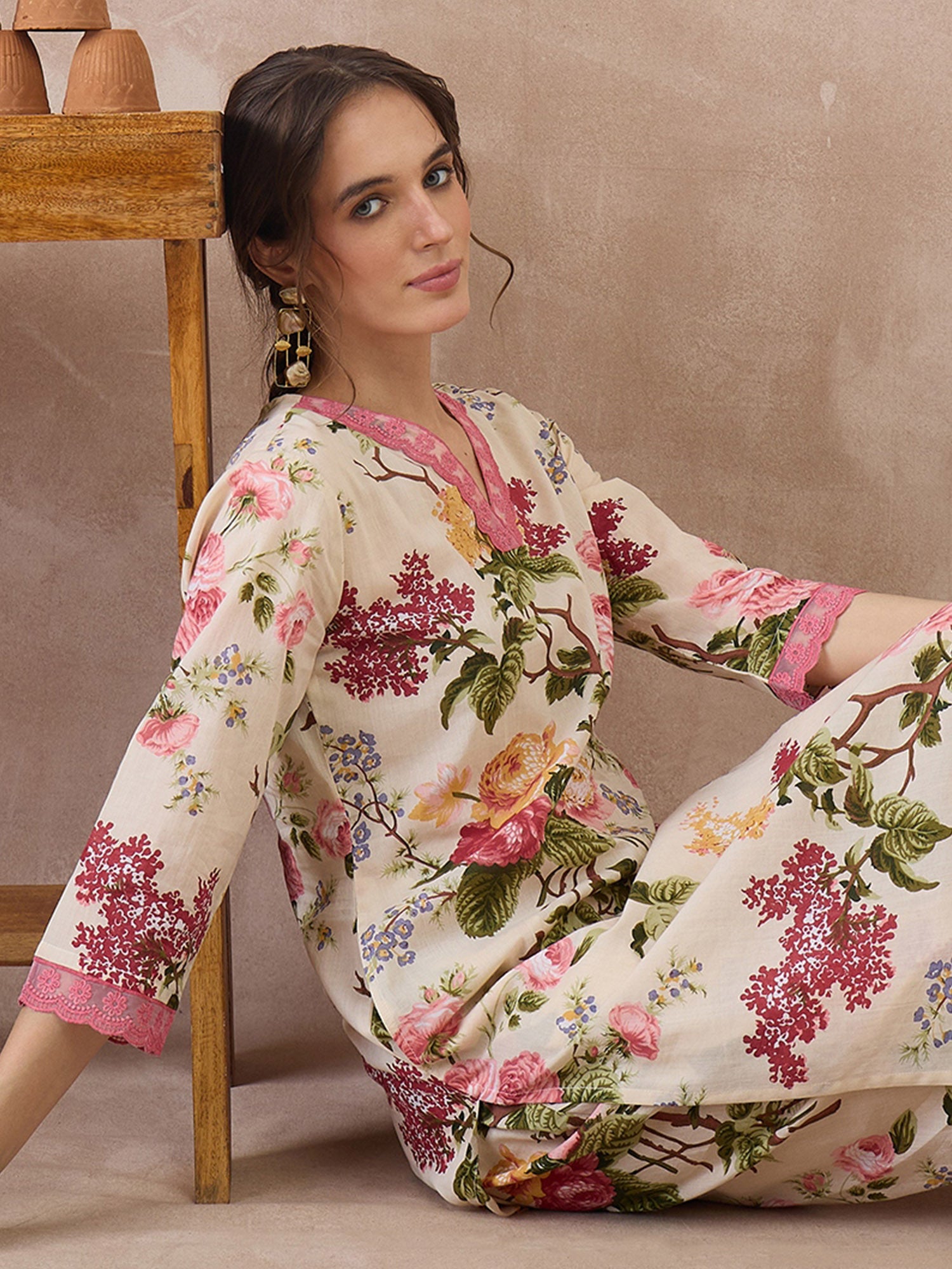 Indo Era Beige Printed Straight Kurta Trousers set