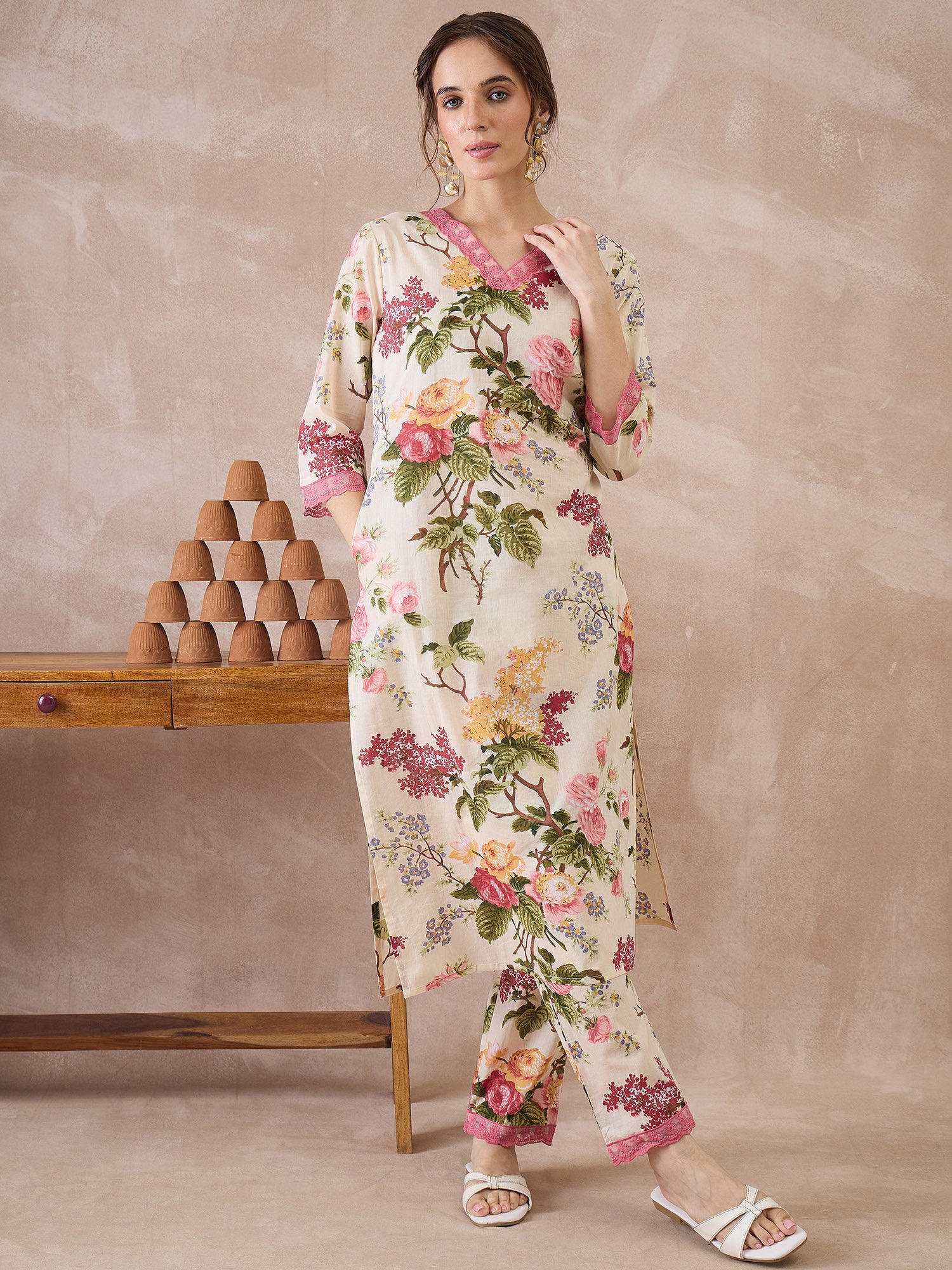 Indo Era Beige Printed Straight Kurta Trousers set