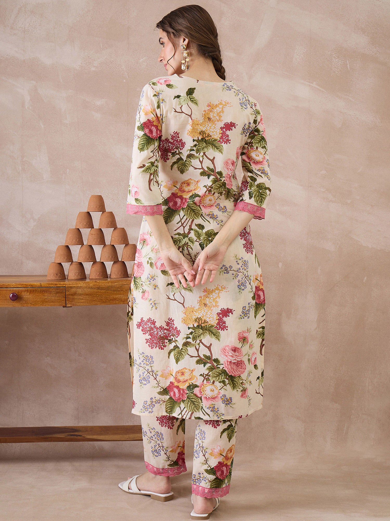 Indo Era Beige Printed Straight Kurta Trousers set