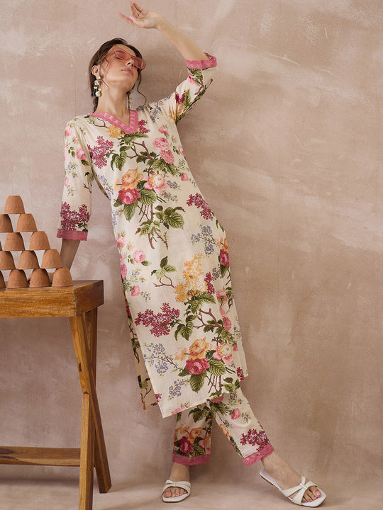 Indo Era Beige Printed Straight Kurta Trousers set