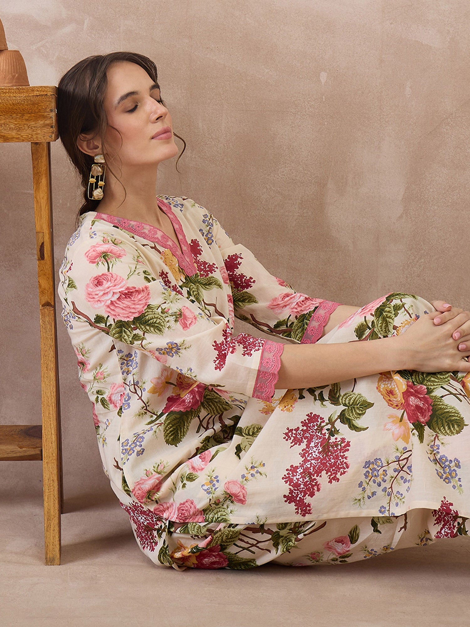 Indo Era Beige Printed Straight Kurta Trousers set