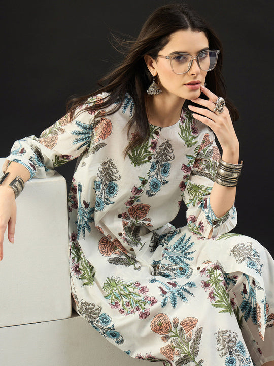 Indo Era White Printed A-Line Kurta Trouser set