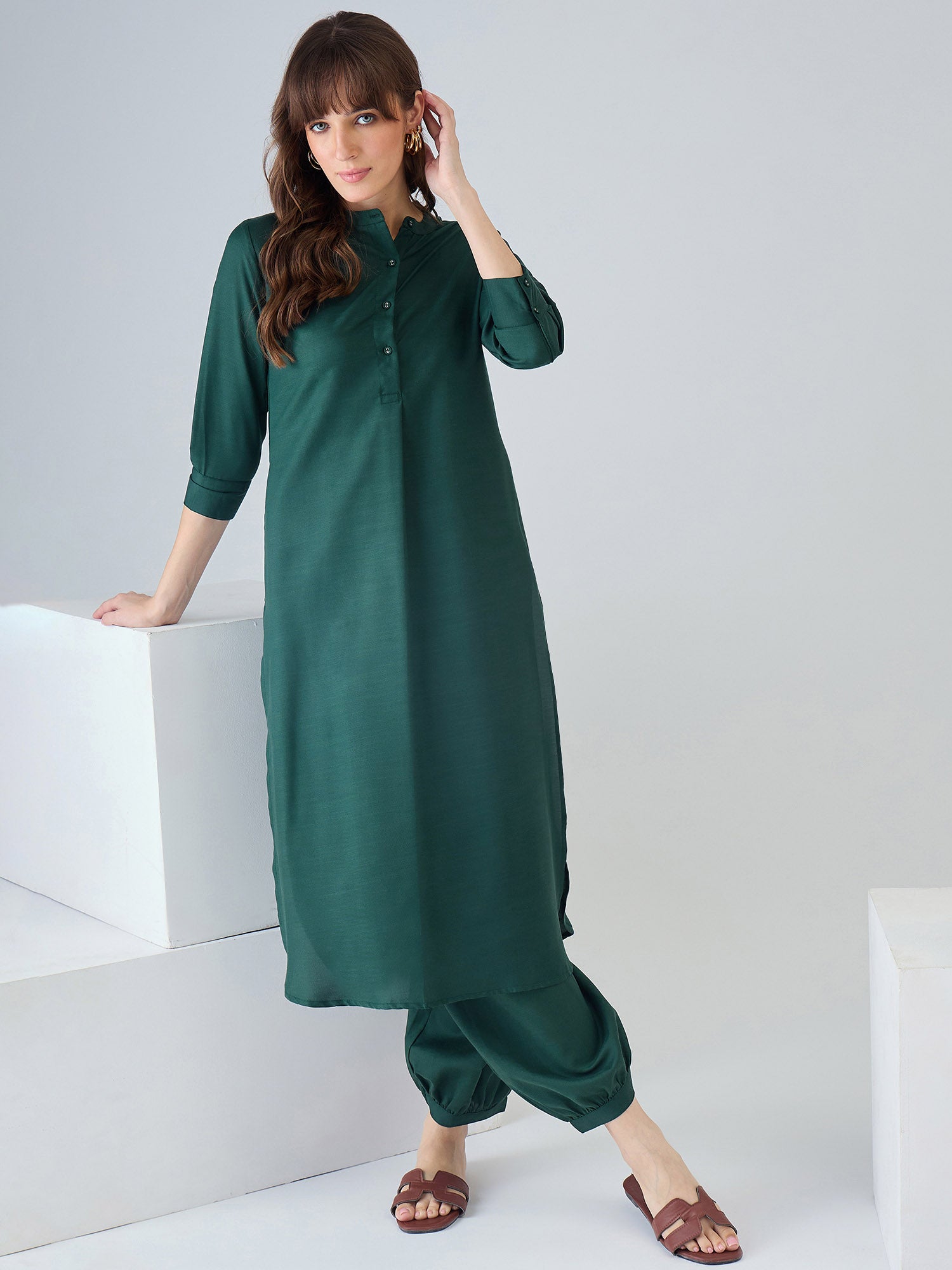 Indo Era Green Solid Straight Kurta Salwar set