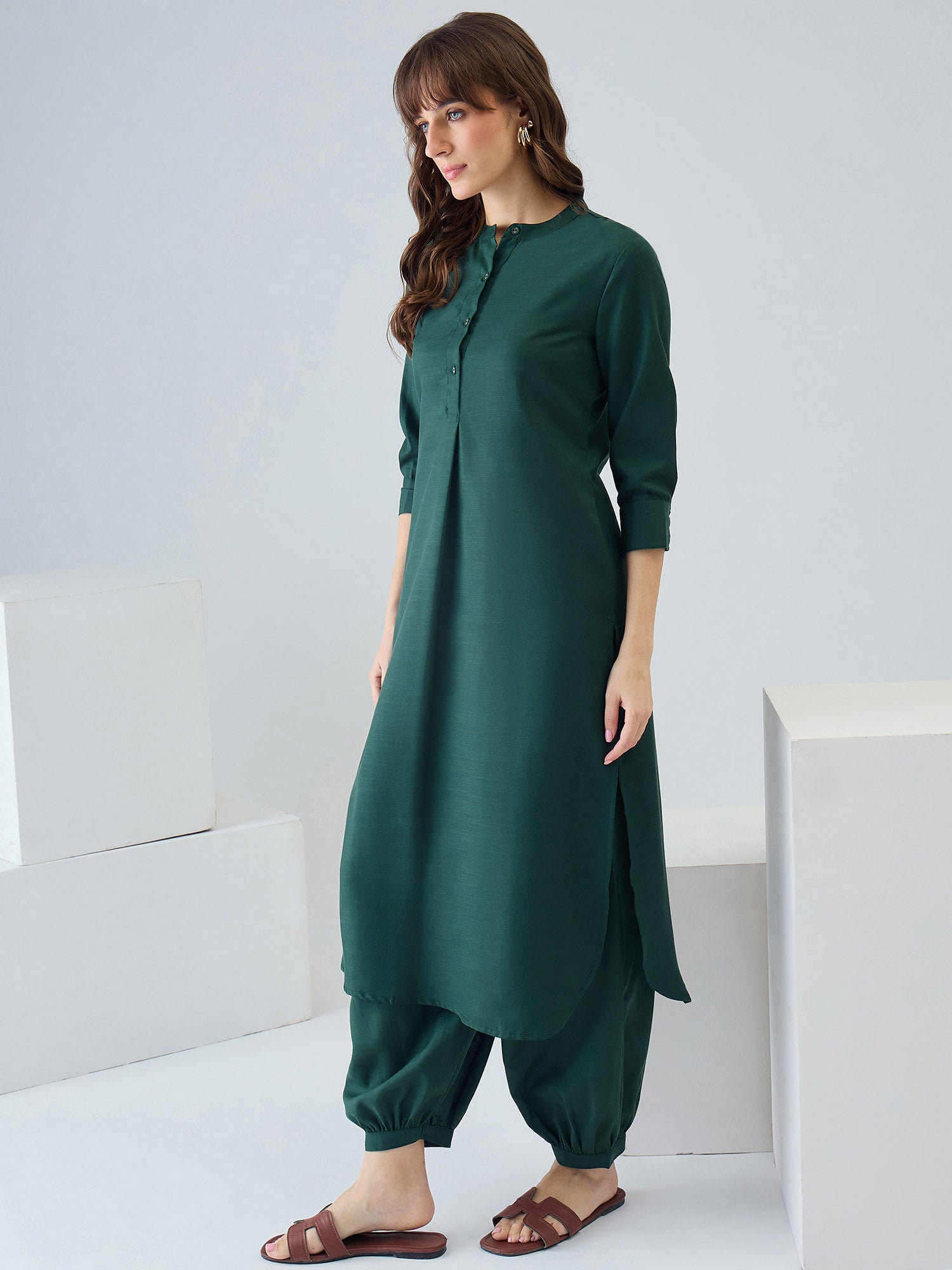 Indo Era Green Solid Straight Kurta Salwar set