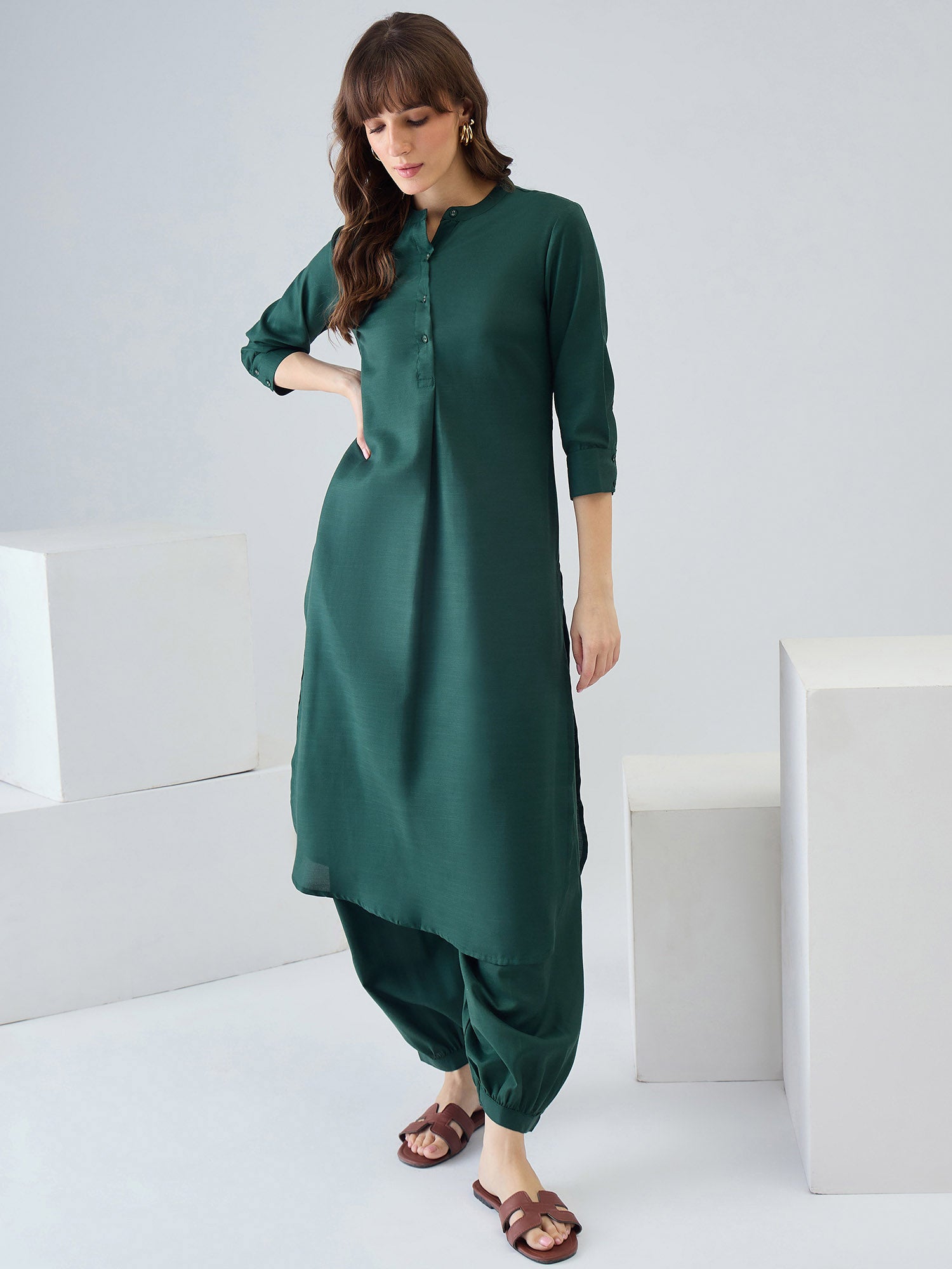 Indo Era Green Solid Straight Kurta Salwar set