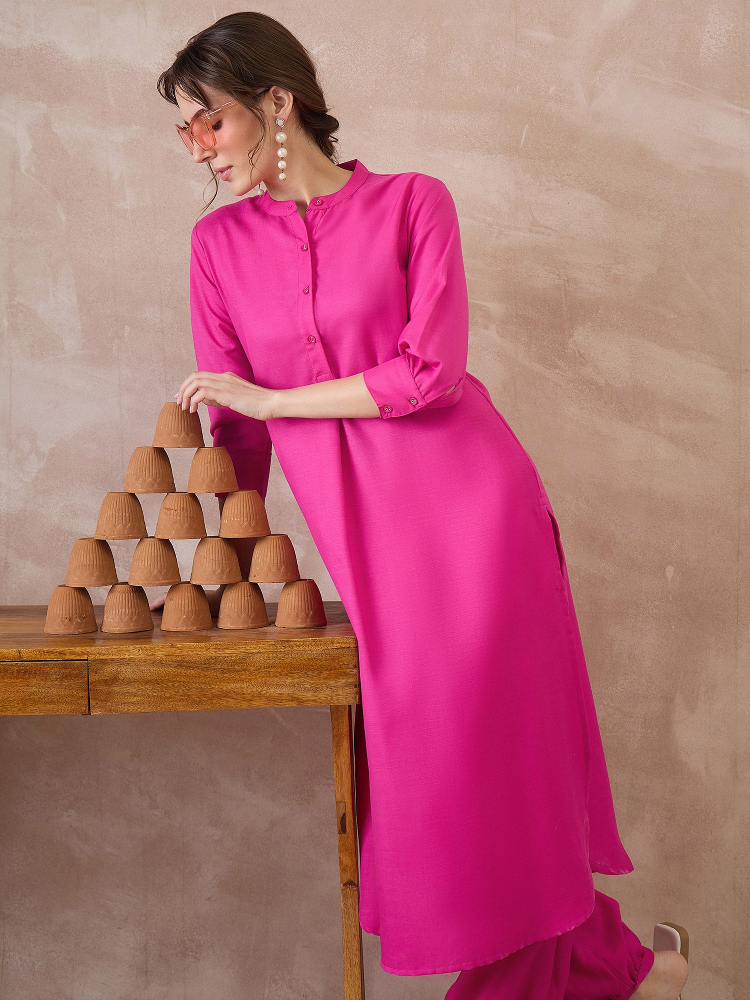 Indo Era Pink Solid Straight Kurta Salwar set