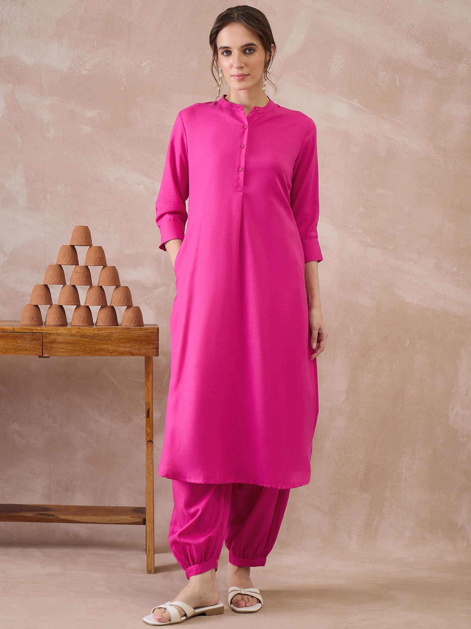 Indo Era Pink Solid Straight Kurta Salwar set