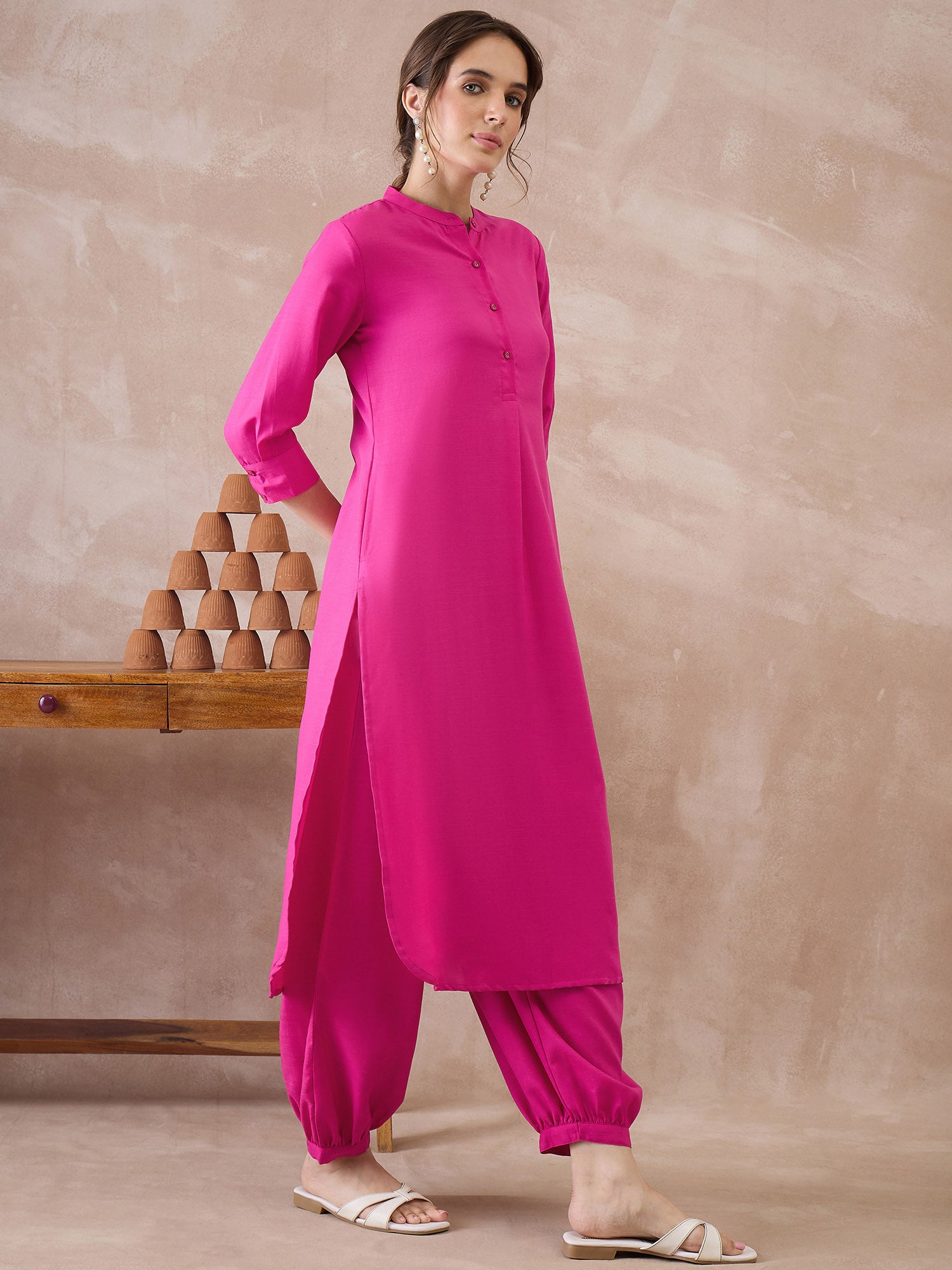 Indo Era Pink Solid Straight Kurta Salwar set