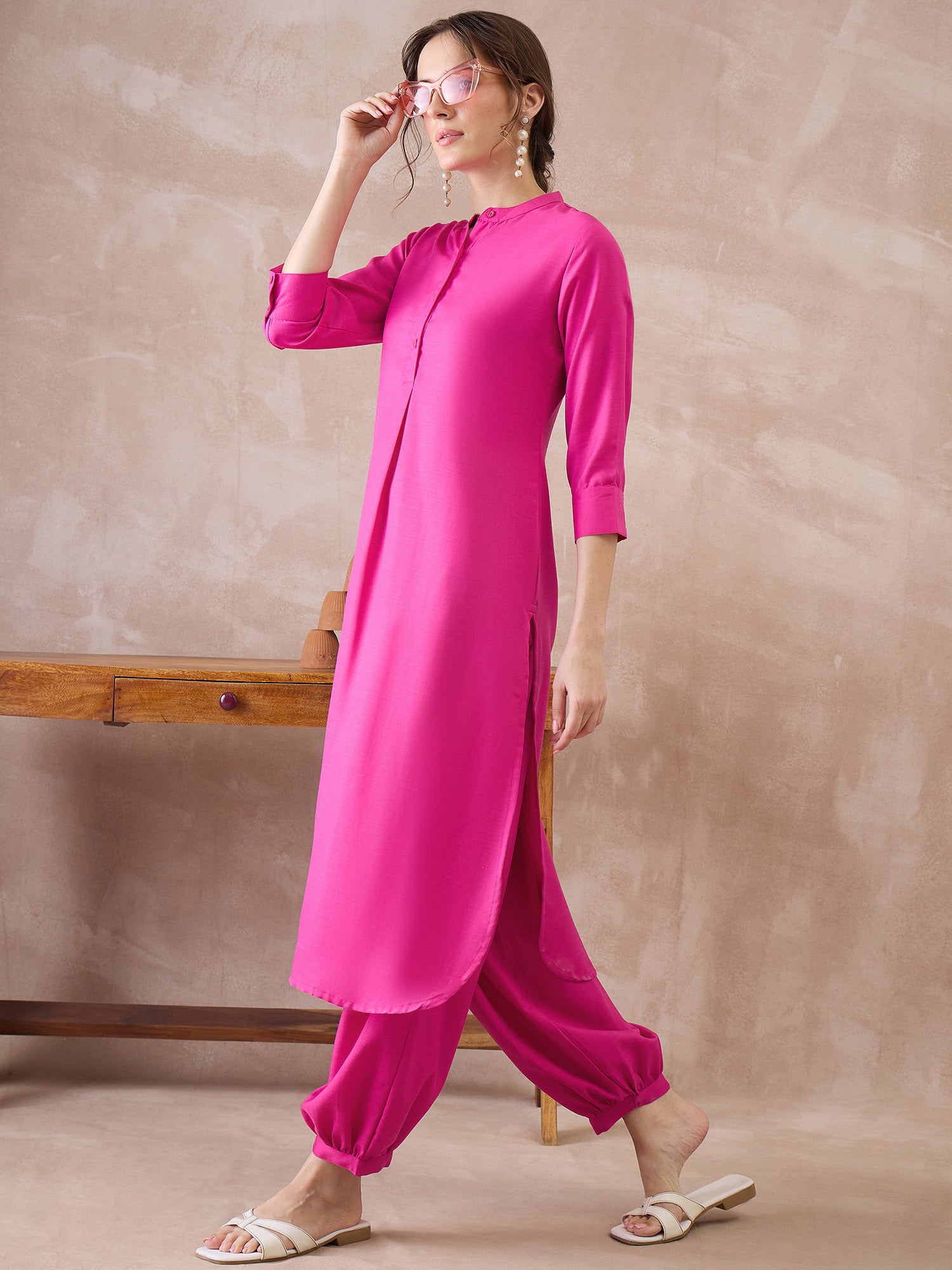Indo Era Pink Solid Straight Kurta Salwar set