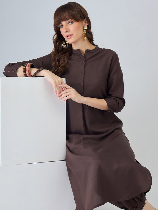 Indo Era Brown Solid Straight Kurta Salwar set