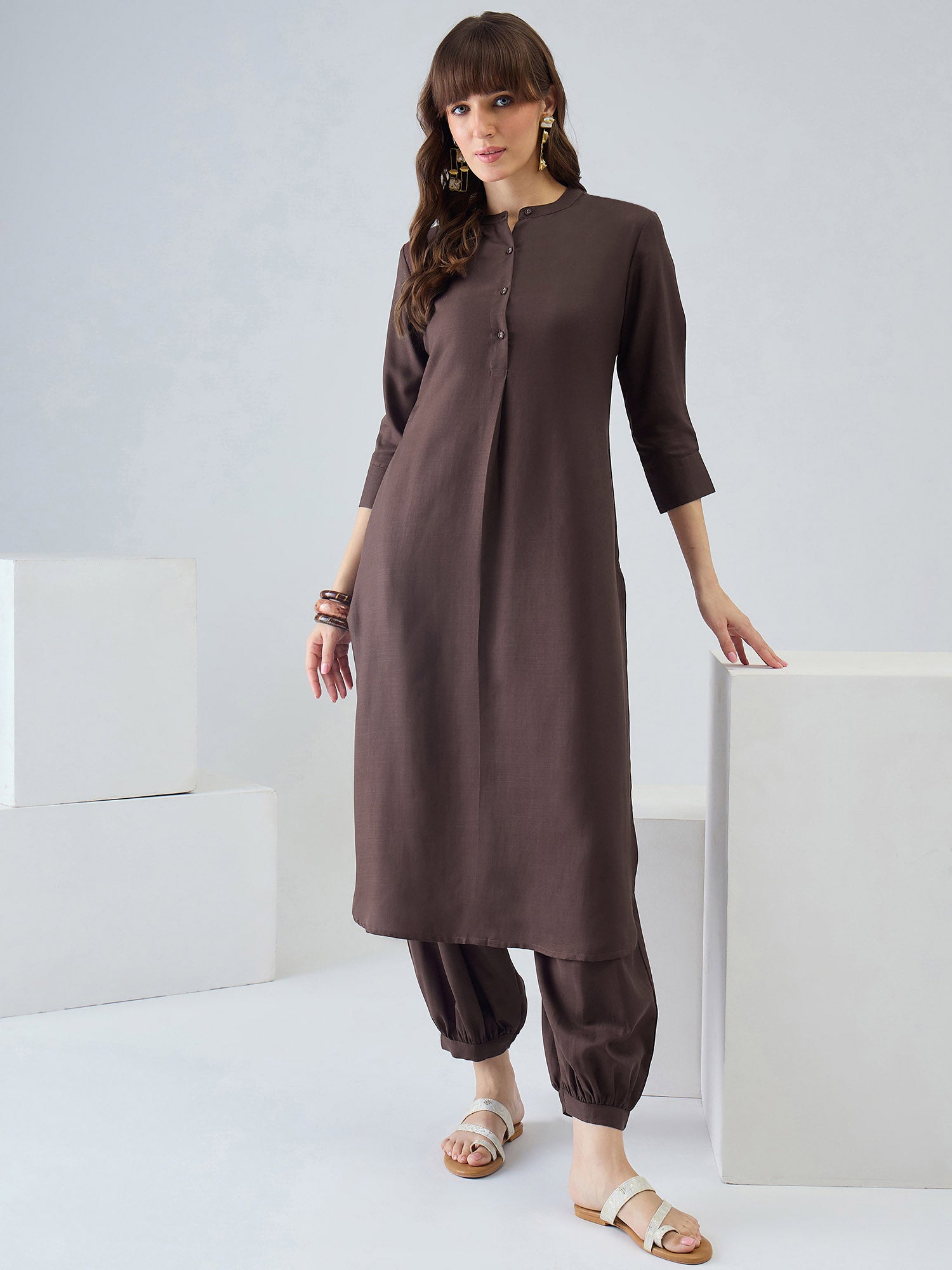 Indo Era Brown Solid Straight Kurta Salwar set
