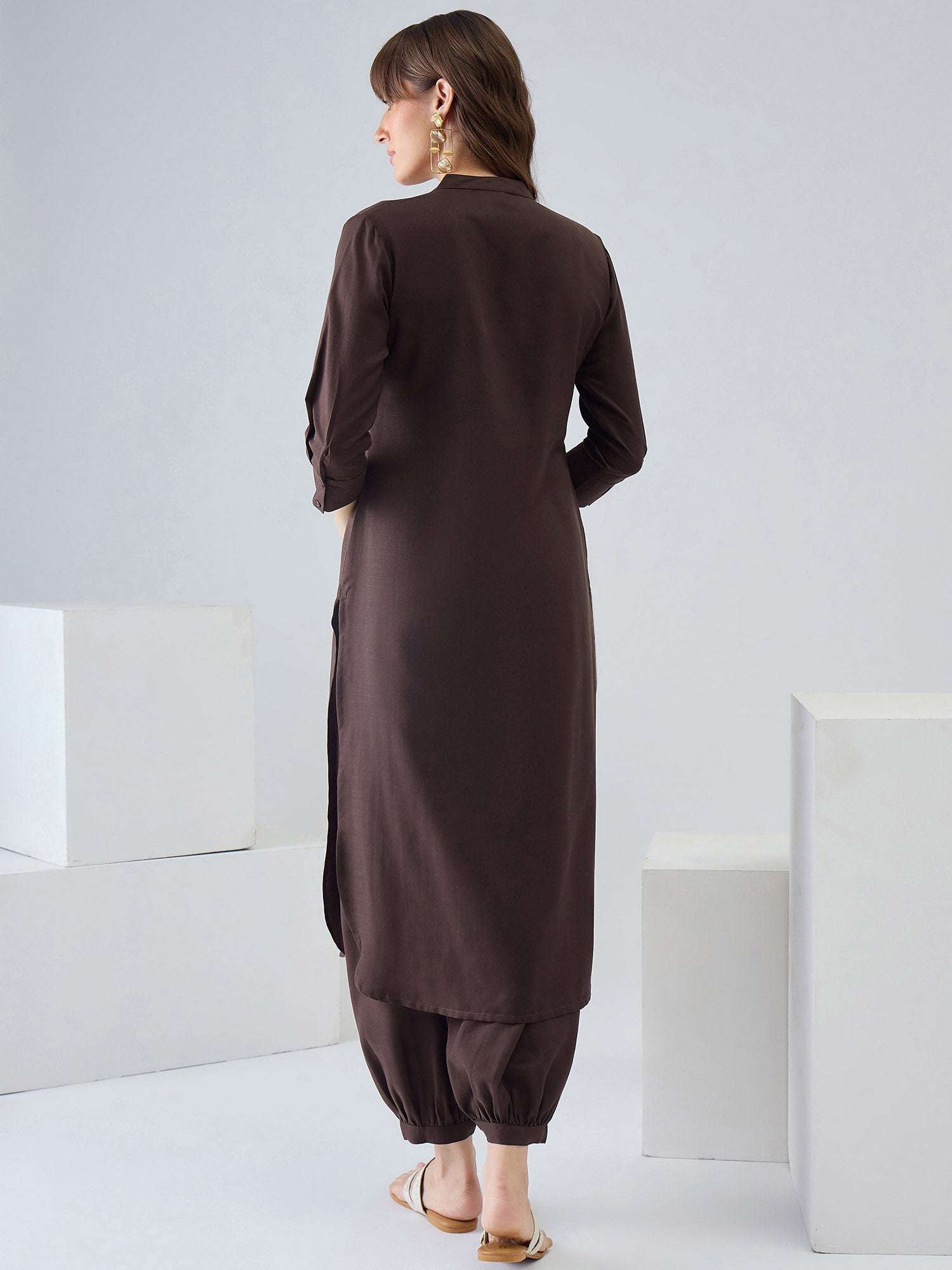 Indo Era Brown Solid Straight Kurta Salwar set