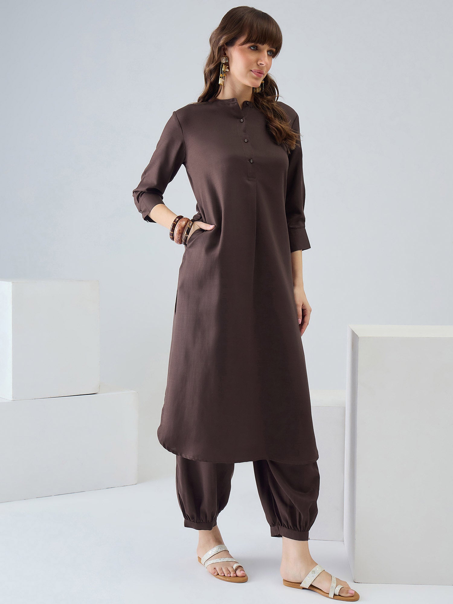 Indo Era Brown Solid Straight Kurta Salwar set