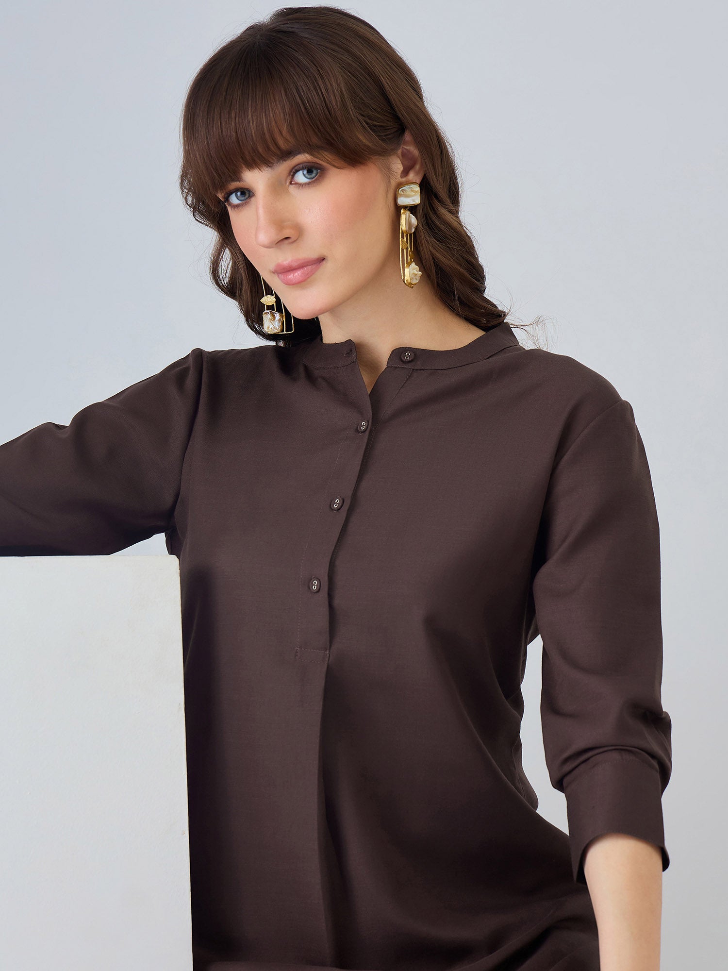 Indo Era Brown Solid Straight Kurta Salwar set