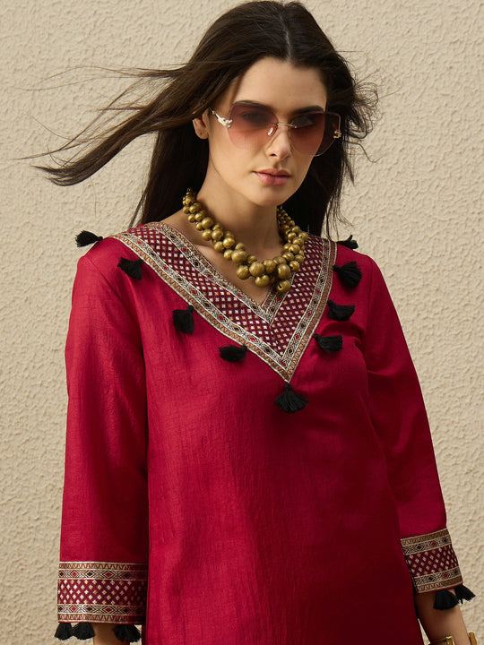 Indo Era Red Woven Design Straight Kurta Trouser set