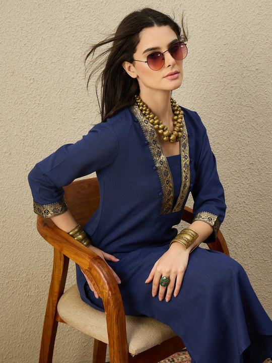 Indo Era Blue Woven Design Straight Kurta Trouser set