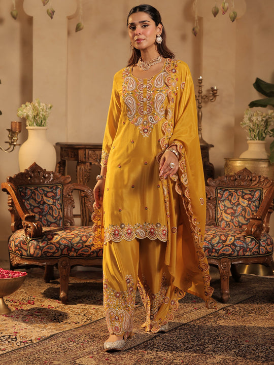 Mustard Embroidered Chinon Straight Kurta Palazzos With Dupatta