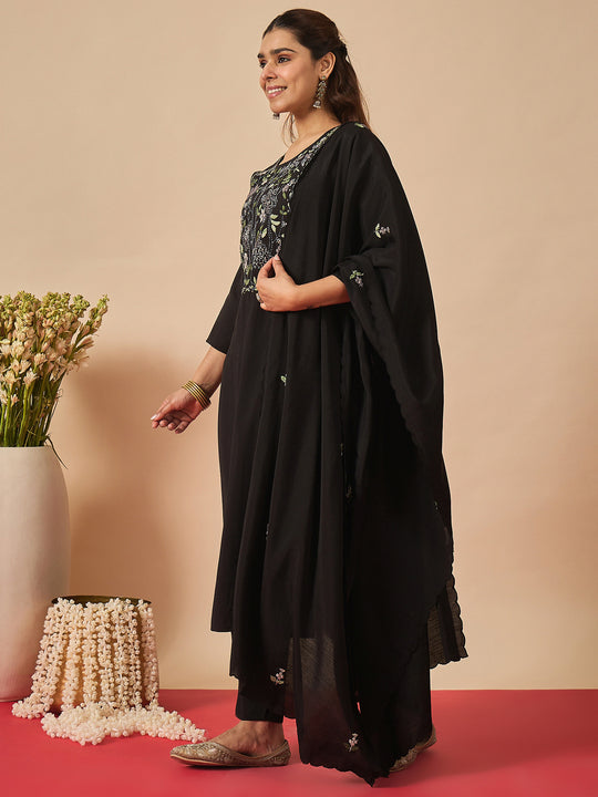 Indo Era Black Embroidered Straight Kurta Trousers With Dupatta set