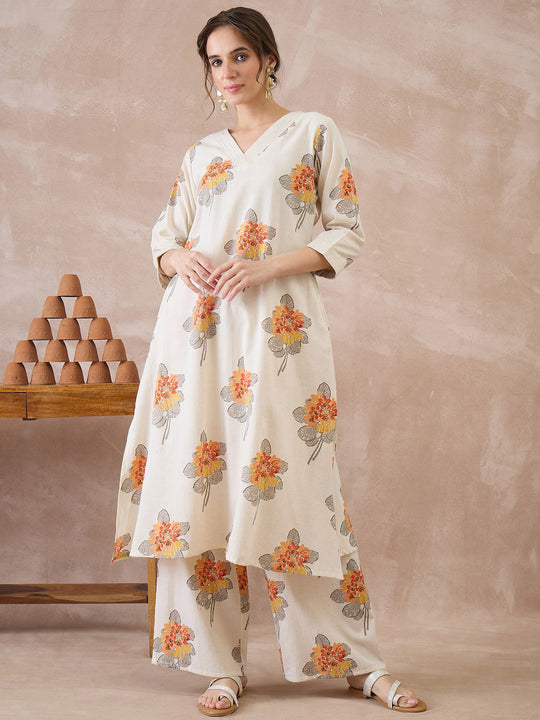 Indo Era Off White Printed A-Line Kurta Palazzos Set