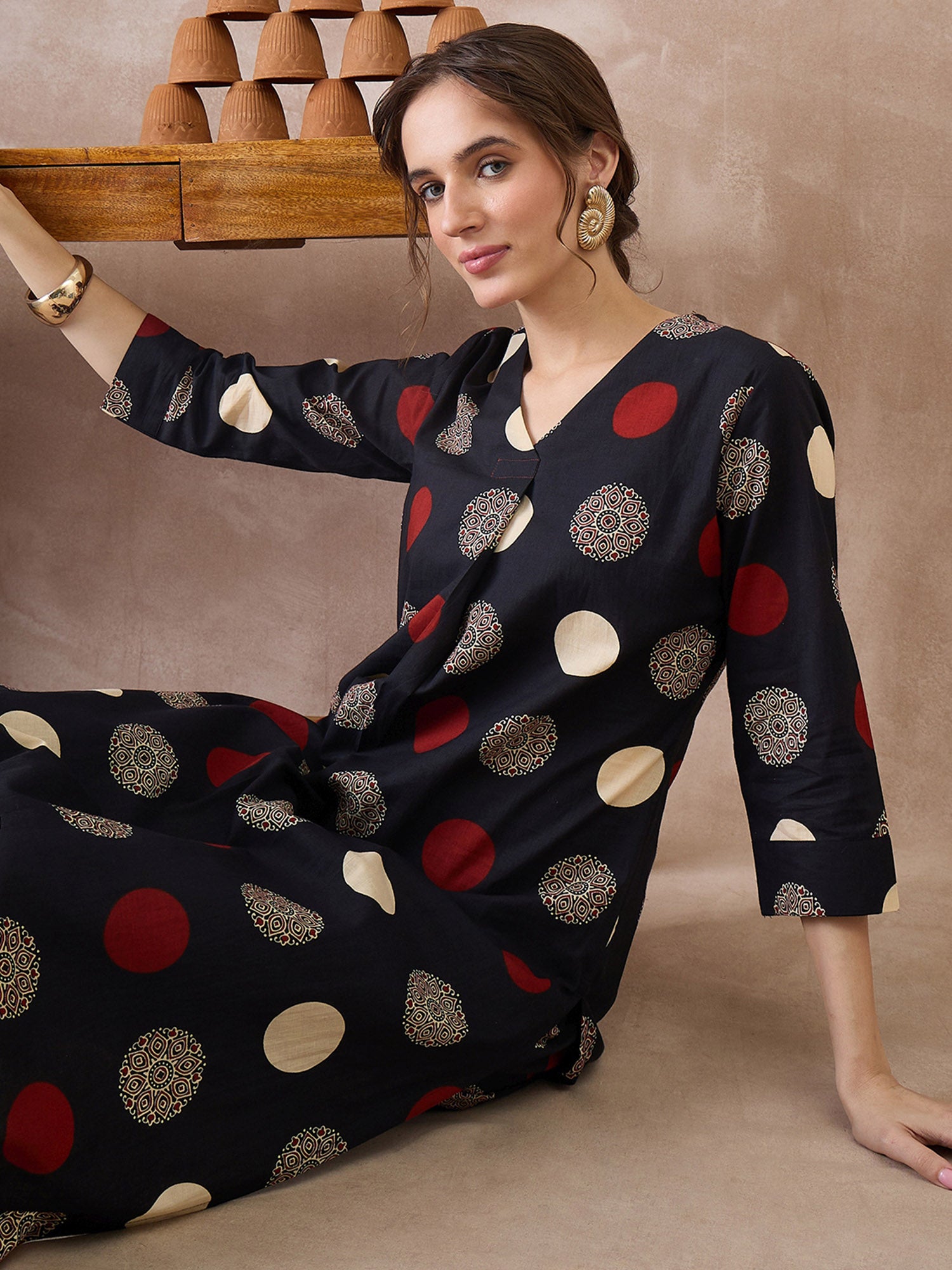 Indo Era Black Printed A-Line Kurta Trousers set