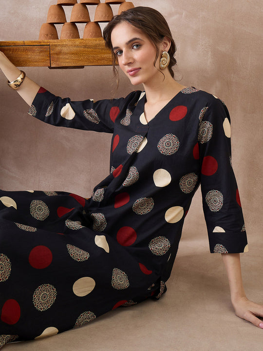 Indo Era Black Printed A-Line Kurta Trousers set