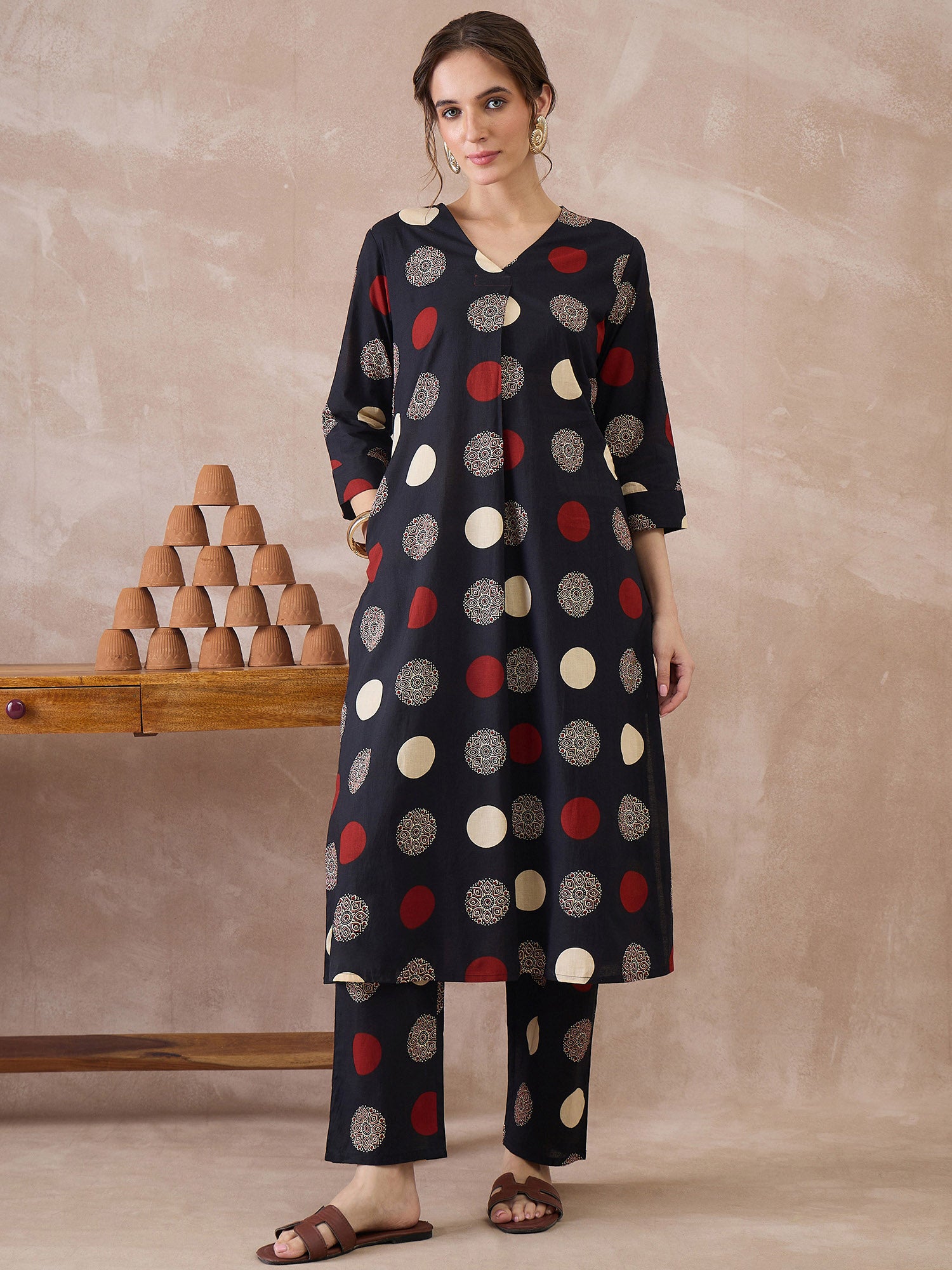 Indo Era Black Printed A-Line Kurta Trousers set