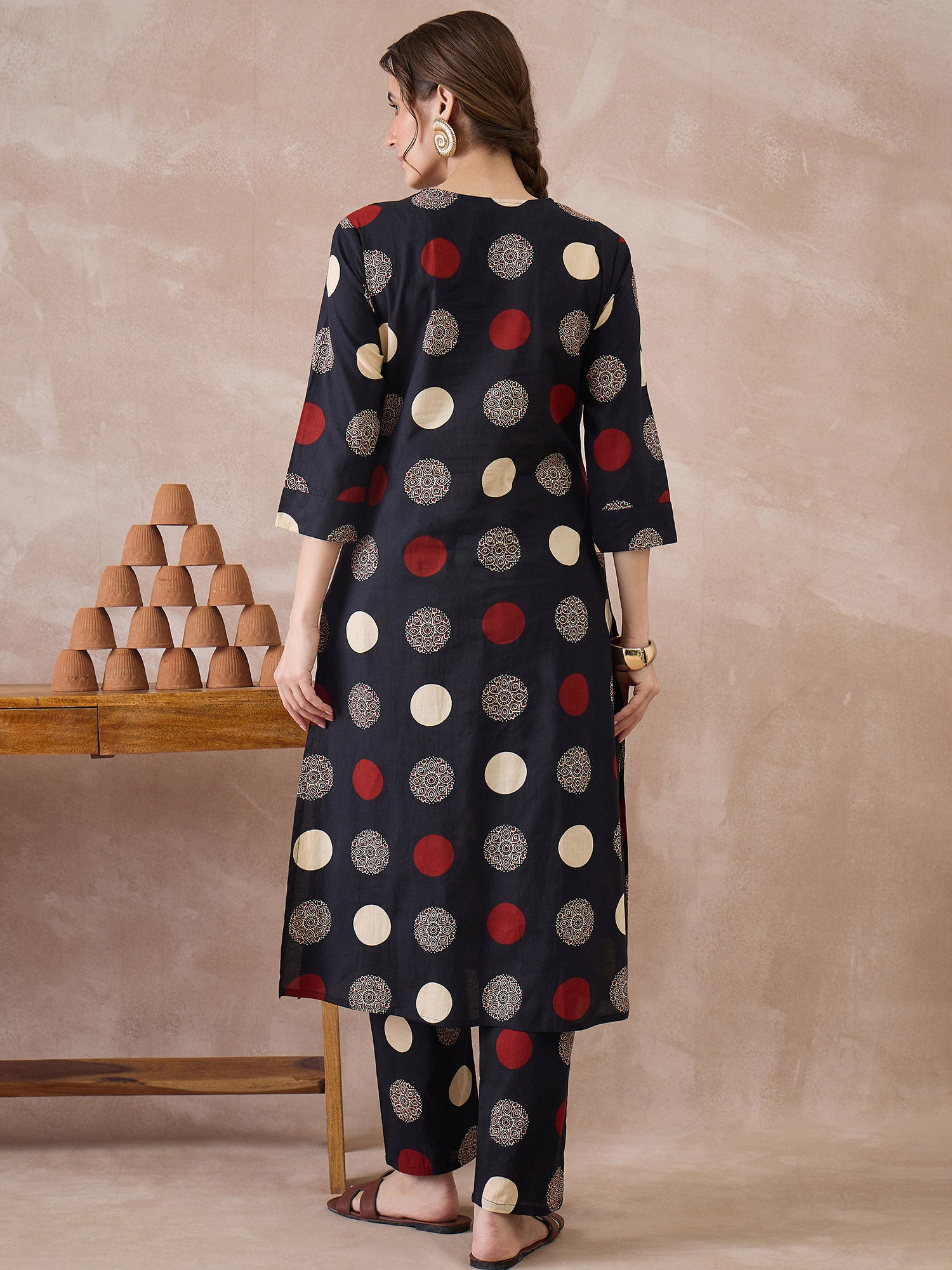 Indo Era Black Printed A-Line Kurta Trousers set