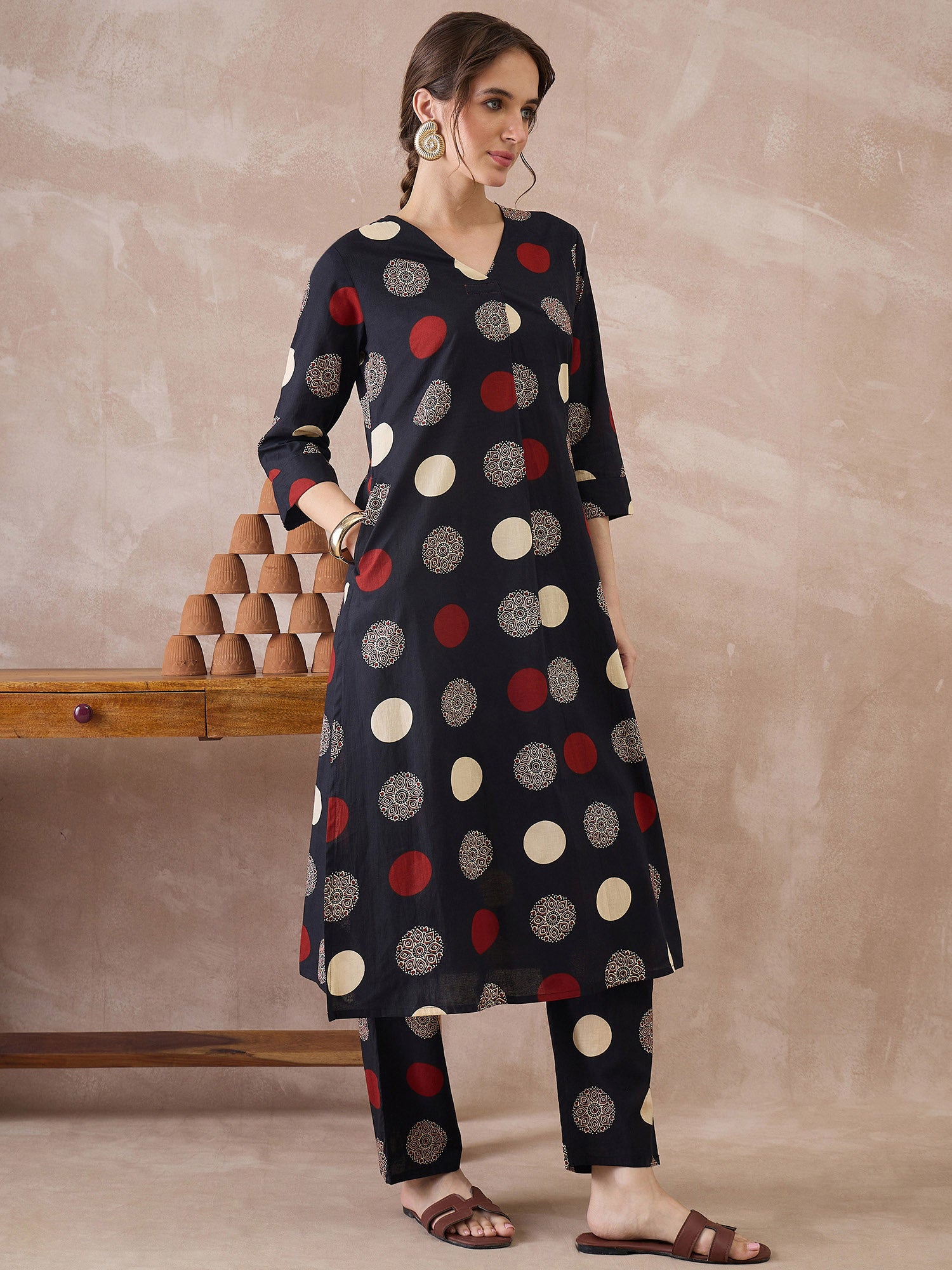 Indo Era Black Printed A-Line Kurta Trousers set