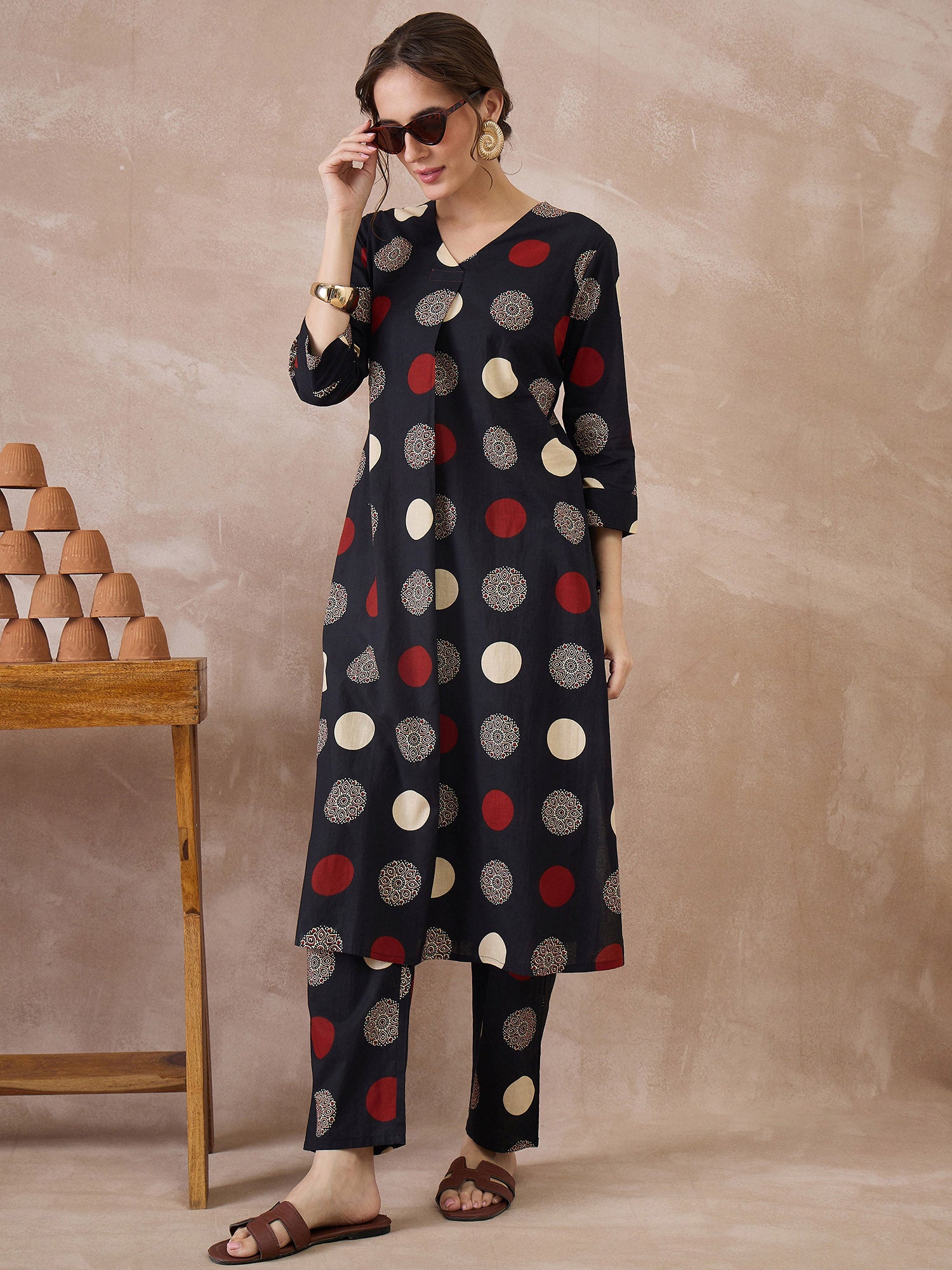 Indo Era Black Printed A-Line Kurta Trousers set