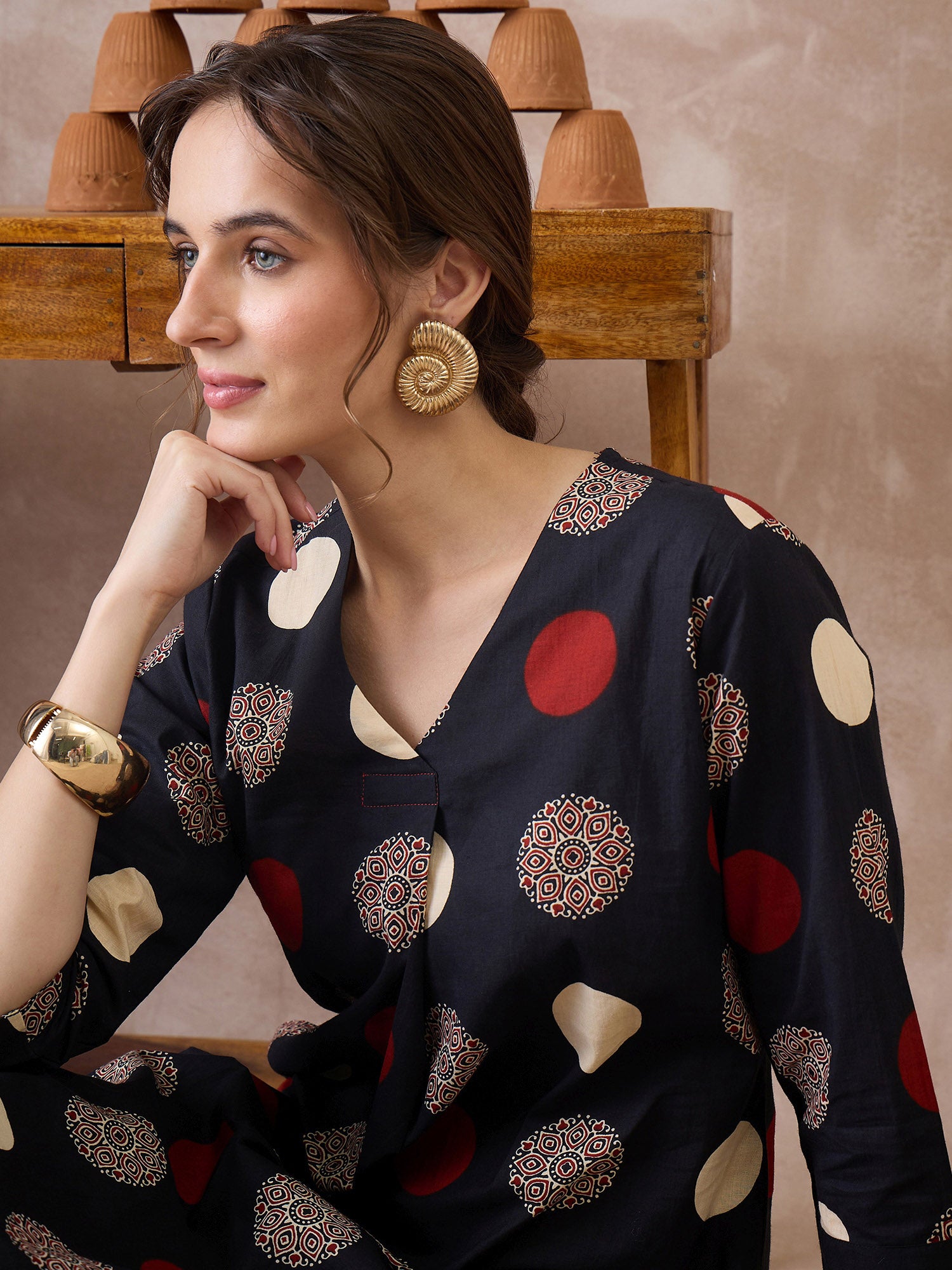 Indo Era Black Printed A-Line Kurta Trousers set