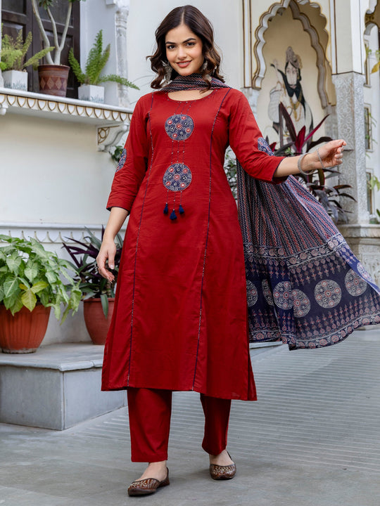 Indo Era Rust Printed A-Line Kurta palazzo With Dupatta set