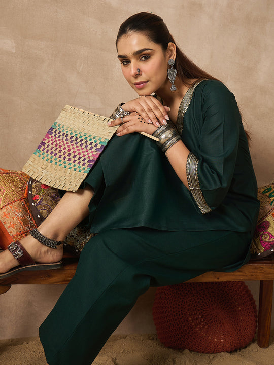 Indo Era Green Woven Design Straight Kurtas