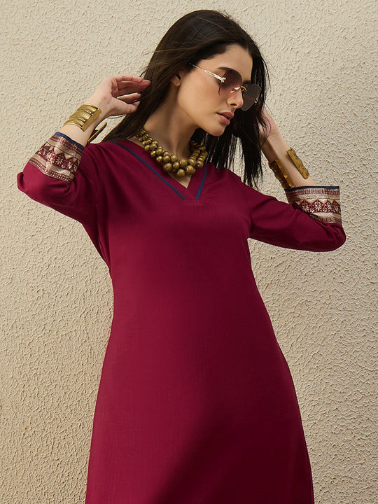 Indo Era Maroon Woven Design Straight Kurta