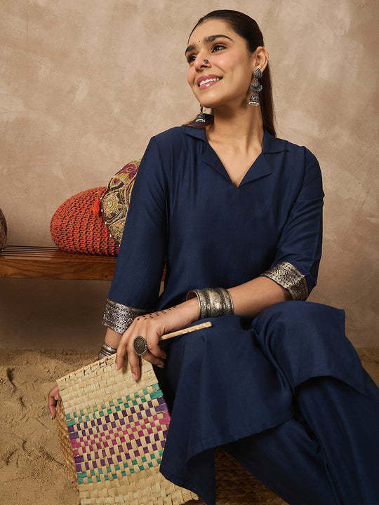 Indo Era Blue Woven Design Straight Kurta Trousers set