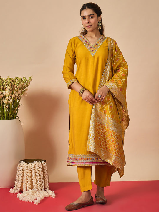 Indo Era Mustard Embroidered Straight Kurta Trousers With Dupatta set