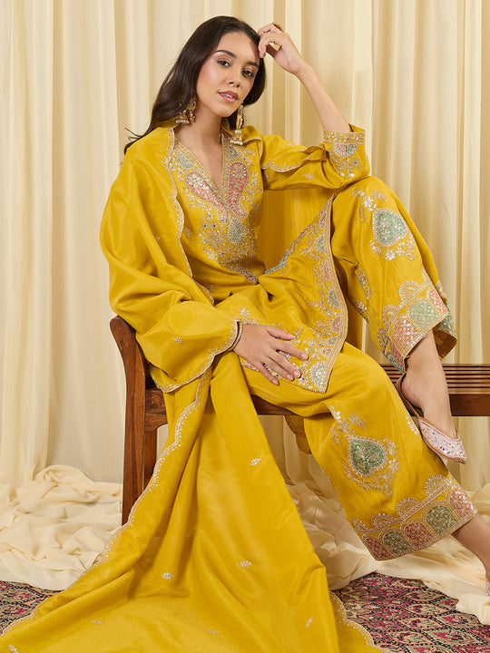 Indo Era Mustard Embroidered Straight Kurta Palazzos With Dupatta Set