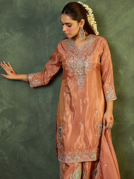 Indo Era Orange Embroidered Straight Kurta palazzo With Dupatta Set