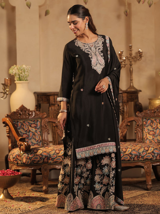 Black Embroidered Chinon Straight Kurta Palazzos With Dupatta