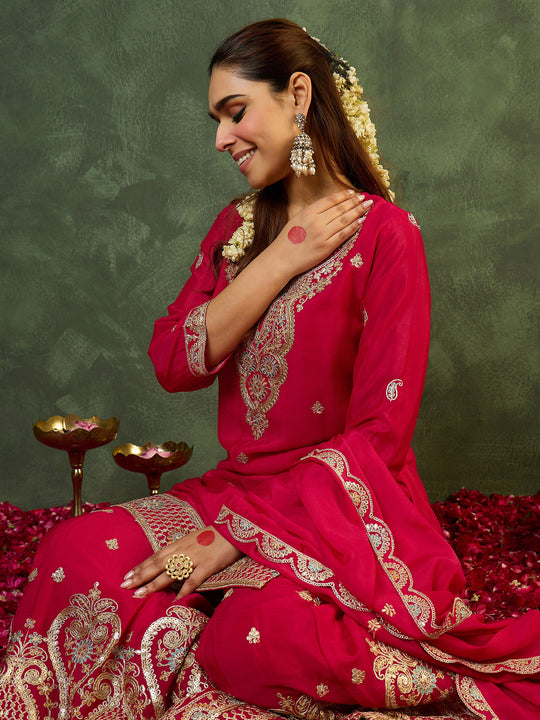 Indo Era Pink Embroidered Straight Kurta Palazzos With Dupatta Set