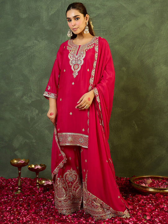 Indo Era Pink Embroidered Straight Kurta Palazzos With Dupatta Set