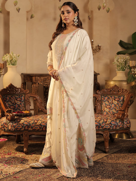 Cream Embroidered Chinon Straight Kurta Palazzos With Dupatta