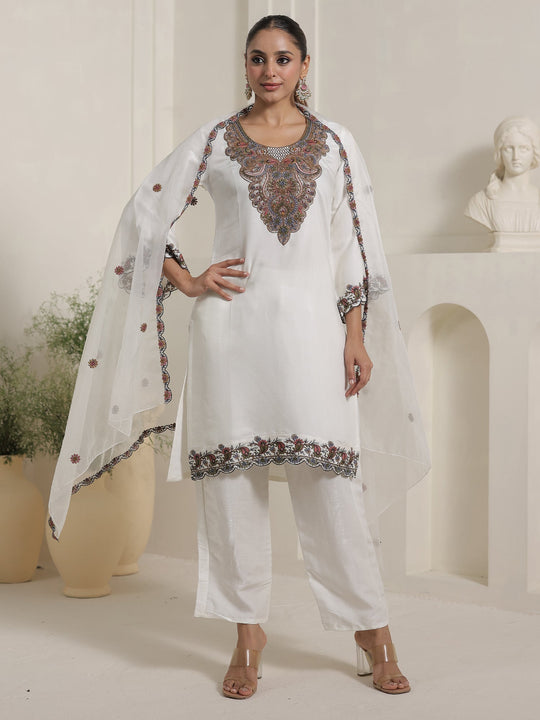 Off White Embroidered Silk Blend Straight Suit Sets With Dupatta