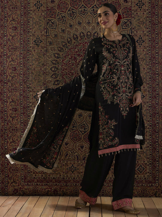 Indo Era Black Embroidered Straight Kurta Palazzos With Dupatta Set